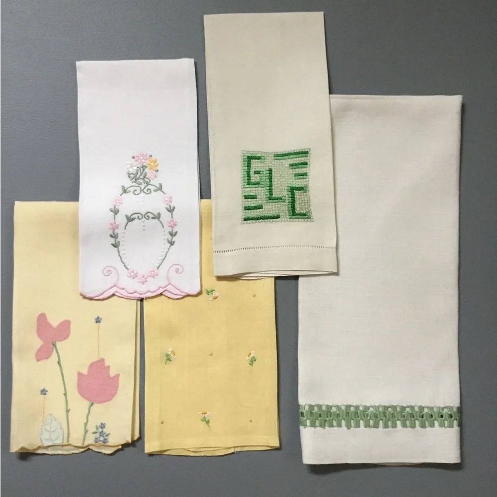 5 Vintage Springtime Embroidered Linen Hand Towels